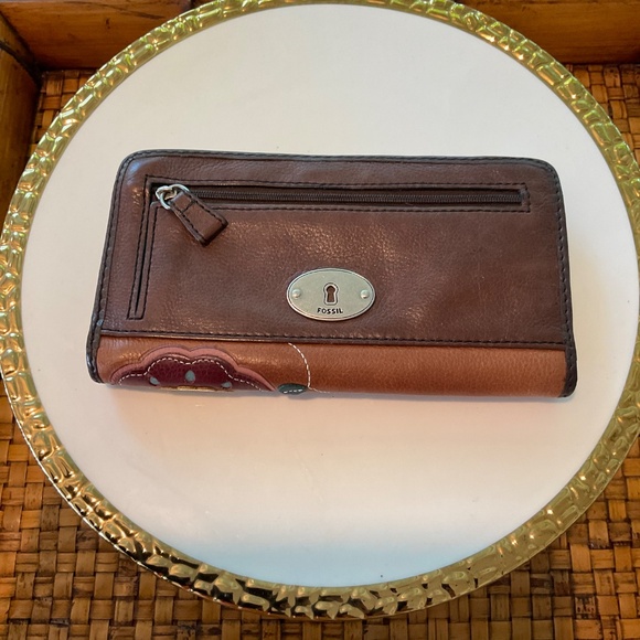 VTG FOSSIL Zippered Leather Flower Wallet - Picture 2 of 8